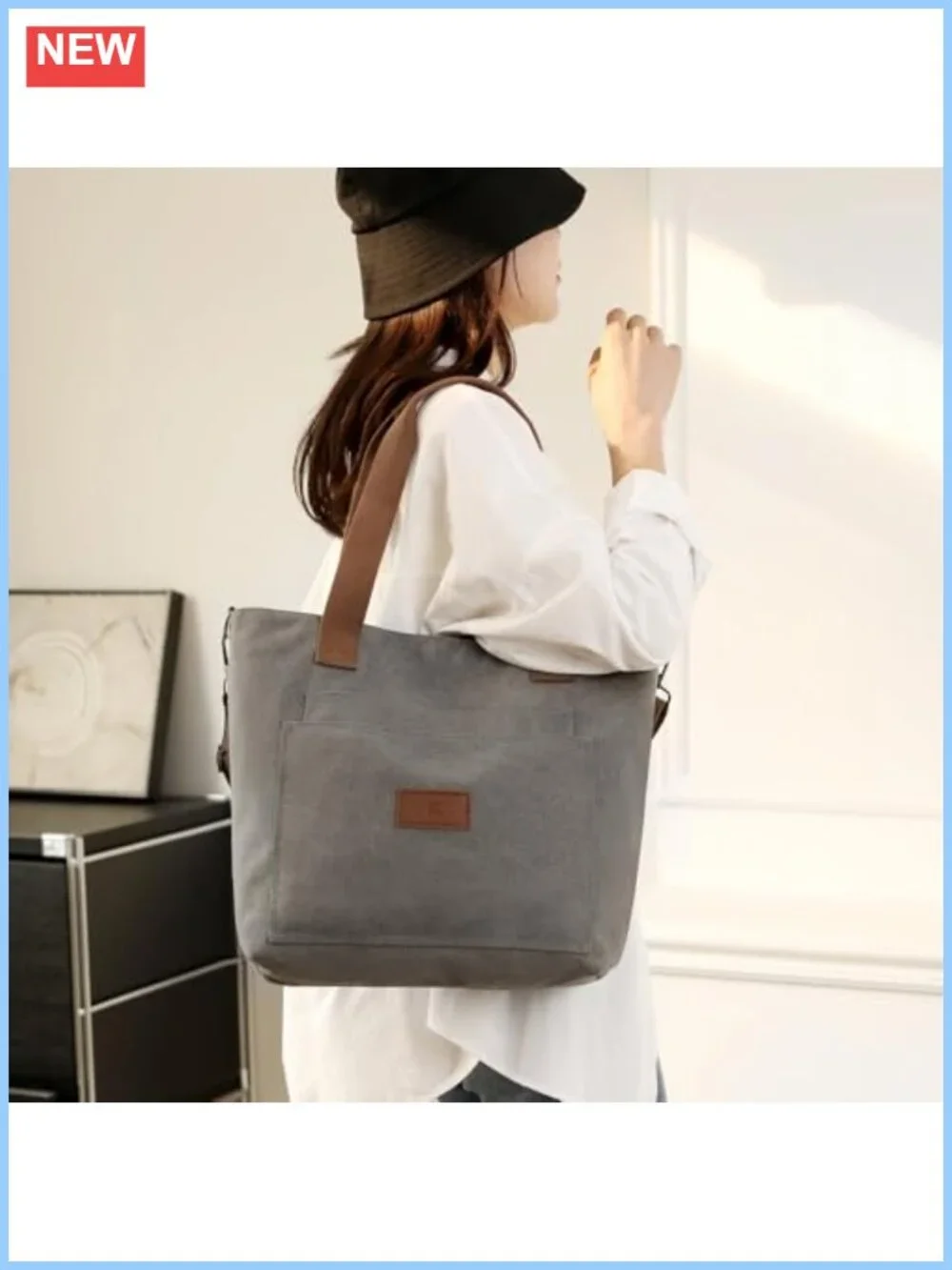 Canvas Tote Bag for Women A4 Handbag with Zipper Shoulder Bag for Shopping